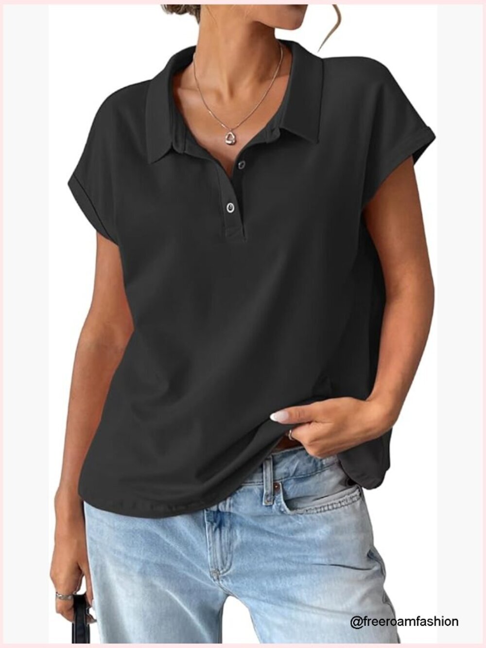 Oversized Cap Sleeve Polo Shirt Henley Neck Boxy Tee
